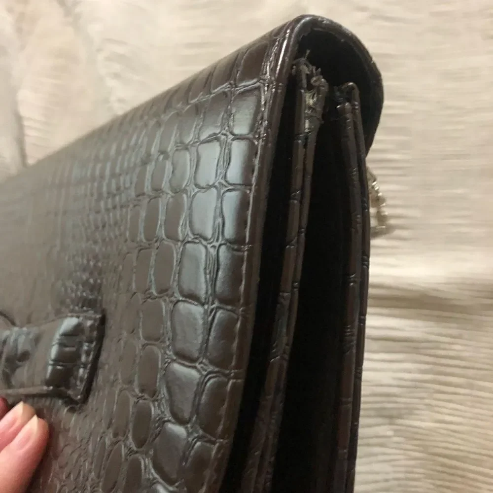 FAUX‎ Croc Embossed Convertible Clutch Bag Brown Chain Strap Crossbody Evening